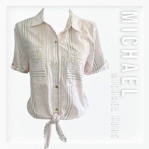 Michael Kors Dusty Coral Metallic Stripe Button Down Top sz L